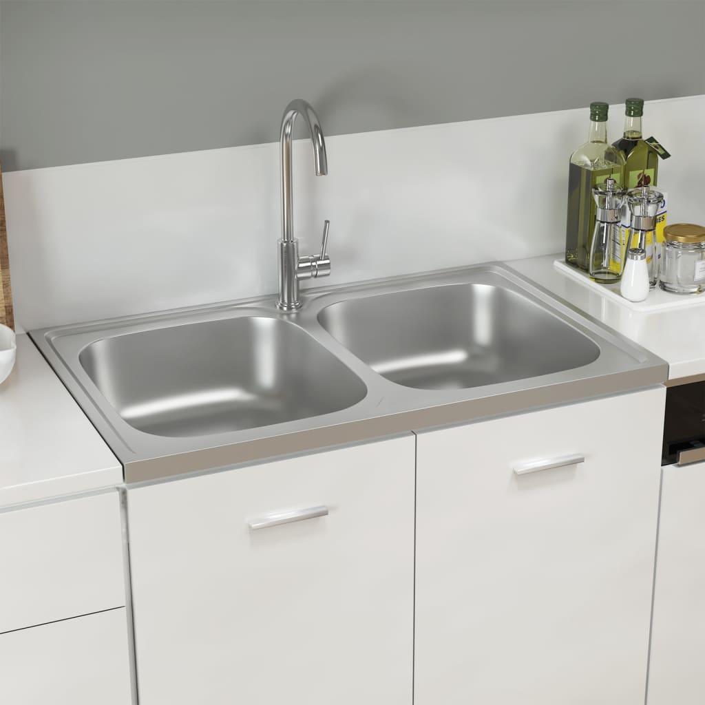 Køkkenvask med 2 bassiner 800x500x155 mm rustfrit stål sølv