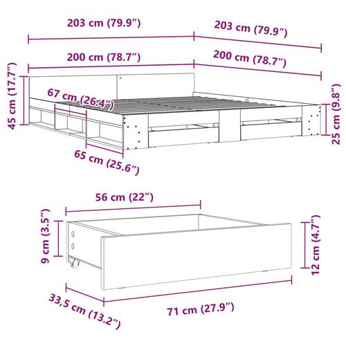 Sengeramme med skuffer 200x200 cm konstrueret træ brunt eg