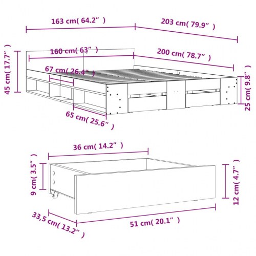Sengeramme med skuffer 160 x 200 cm - grå sonoma-eg