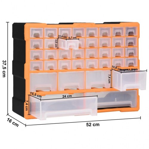 Skuffereol med 38 skuffer - orange/sort 52×16×37,5 cm