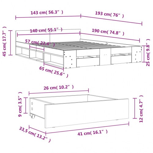Sengeramme med skuffer 140 x 190 cm - røget eg