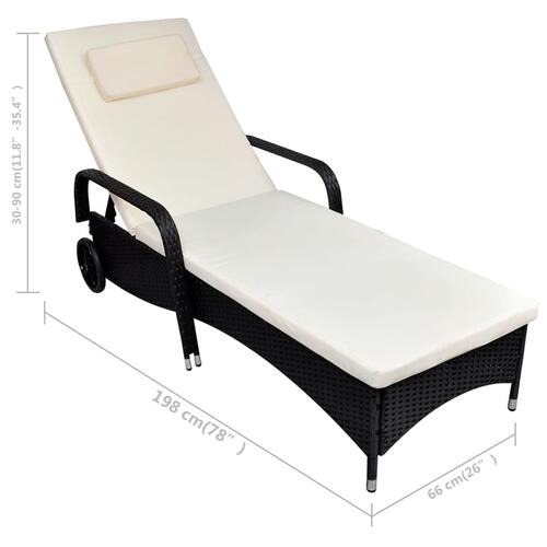 Liggestol med hynde & hjul polyrattan sort