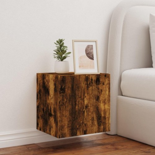 Væghængt tv-bord med LED-lys 40,5 x 35 x 40 cm - røget egetræsfarve