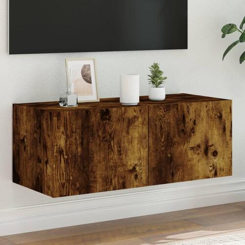 Væghængt tv-bord med LED-lys 80x35x31 cm røget egetræsfarve