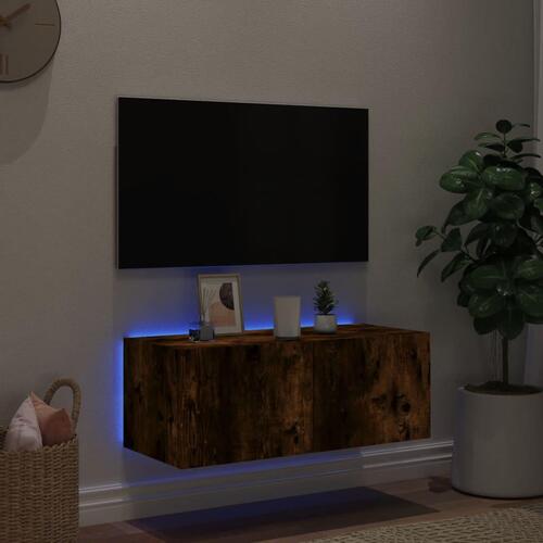 Væghængt tv-bord med LED-lys 80x35x31 cm røget egetræsfarve