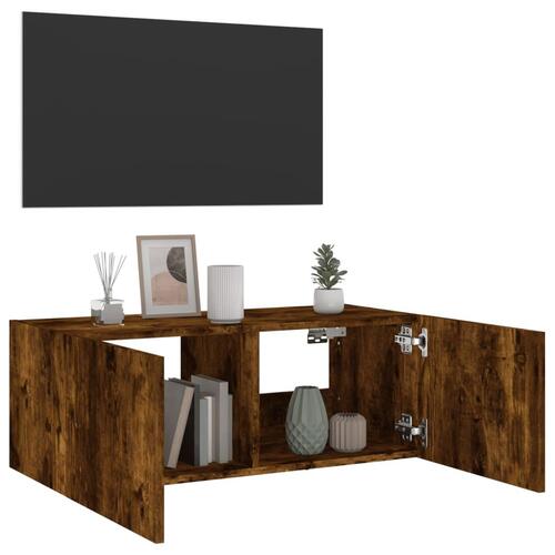 Væghængt tv-bord med LED-lys 80x35x31 cm røget egetræsfarve