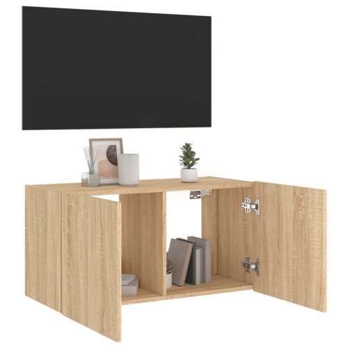 Væghængt tv-bord med LED-lys 80x35x41 cm sonoma-eg