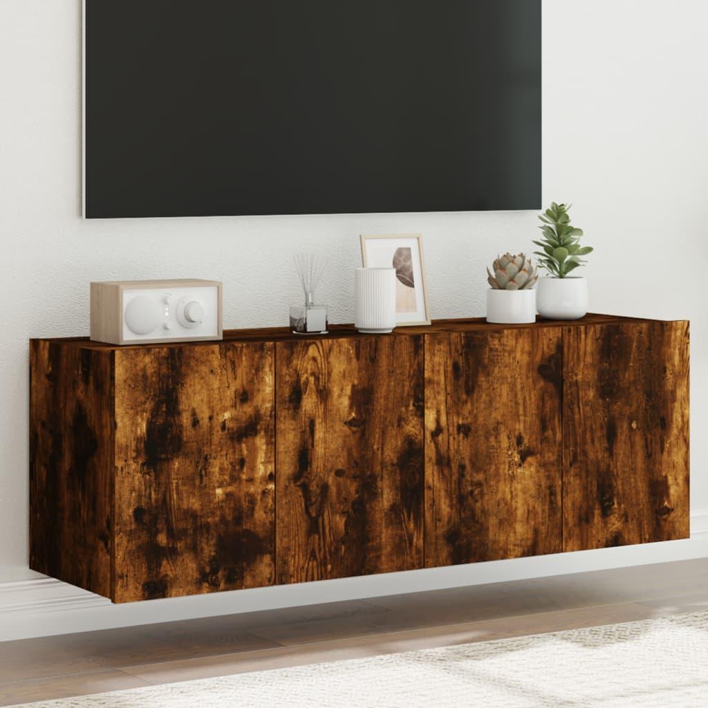Væghængte tv-borde 2 stk. med LED-lys 60x35x41 cm røget eg