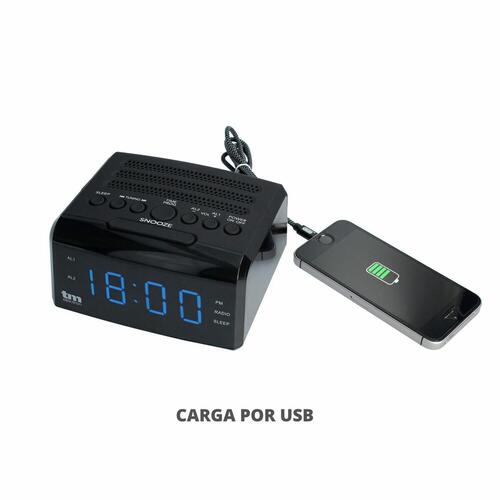 TM Electron clockradio med LED-display, PLL FM og USB - 0,5 W, sort