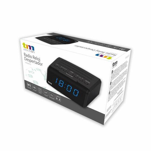 TM Electron clockradio med LED-display, PLL FM og USB - 0,5 W, sort