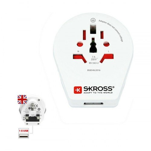 Skross rejseadapter til UK med 1 x USB - 100-250 V, 7 A