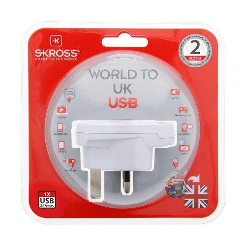 Skross rejseadapter til UK med 1 x USB - 100-250 V, 7 A