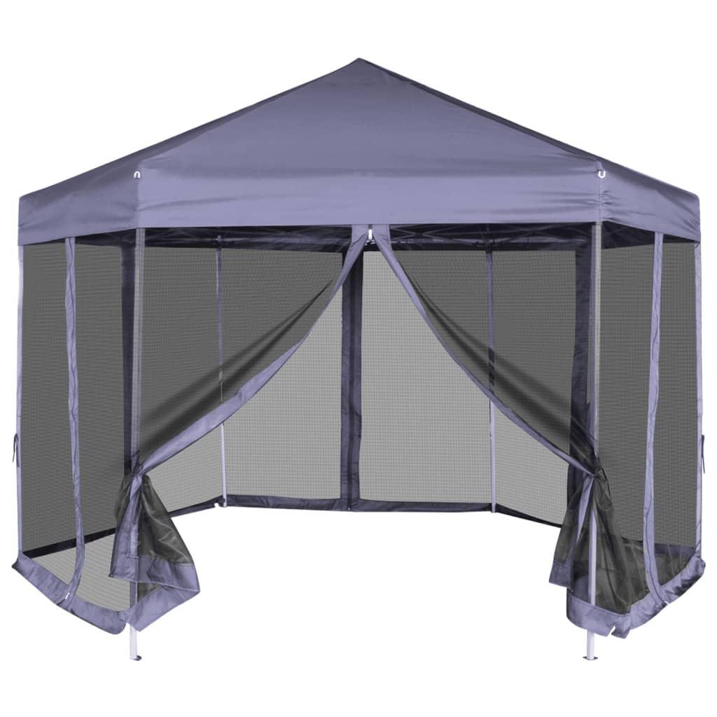 Pop up-pavillon 6 sidevægge sekskantet 3,6x3,1 m mørkeblå