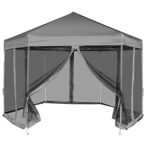 Pop up-pavillon 6 sidevægge sekskantet 3,6x3,1 m grå