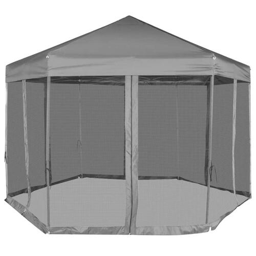 Pop up-pavillon 6 sidevægge sekskantet 3,6x3,1 m grå