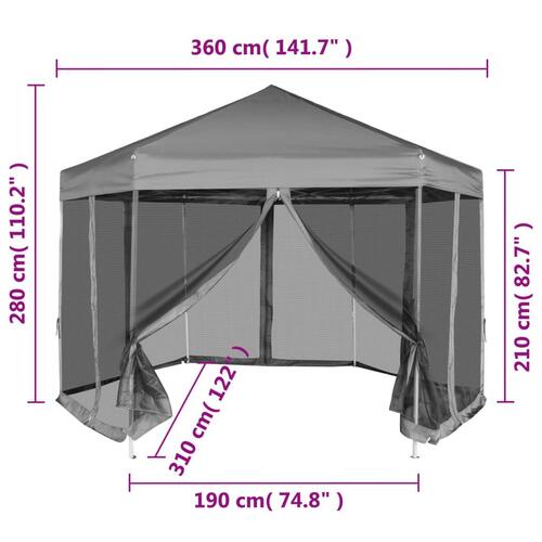 Pop up-pavillon 6 sidevægge sekskantet 3,6x3,1 m grå