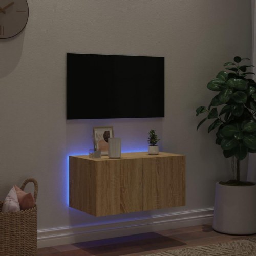 Væghængt tv-bord med LED-lys 60x35x31 cm sonoma-eg