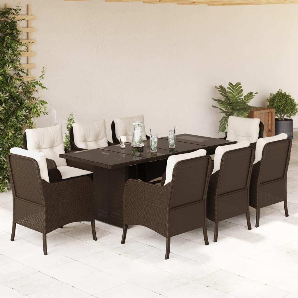 Spisebordssæt Til Haven 9 Dele Med Hynder Polyrattan Beige - 8 / Brun / Glas