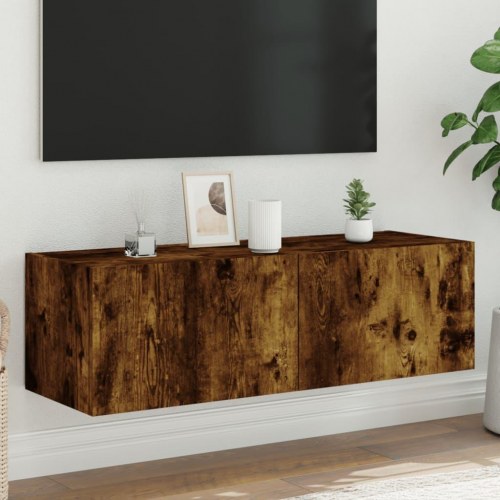 Væghængt tv-bord med LED-lys 100 x 35 x 31 cm - røget egetræ