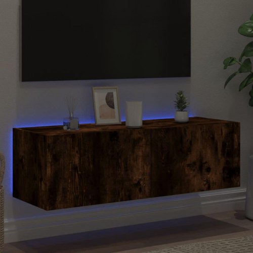 Væghængt tv-bord med LED-lys 100 x 35 x 31 cm - røget egetræ