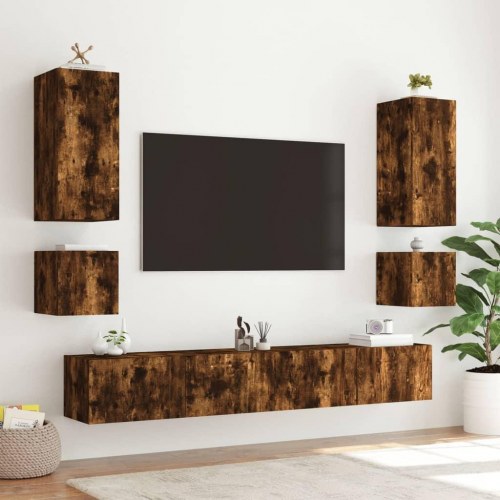 Væghængt tv-bord med LED-lys 100 x 35 x 31 cm - røget egetræ