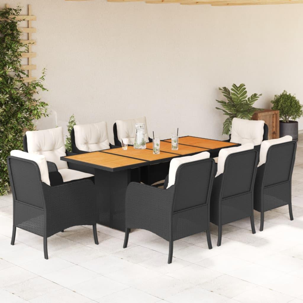 Spisebordssæt Til Haven 9 Dele Med Hynder Polyrattan Beige - 8 / Sort og cremefarvet / træ