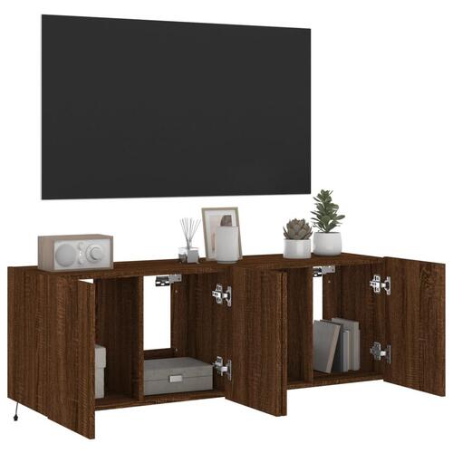 Væghængte tv-borde 2 stk. med LED-lys 60x35x41 cm brunt egetræ