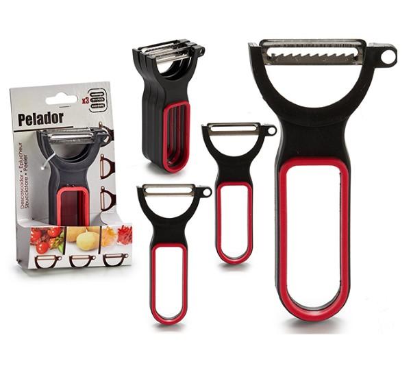 Skræller-sæt - 3 stk. i sort/rød med stålblade, naturgummi og polypropylen