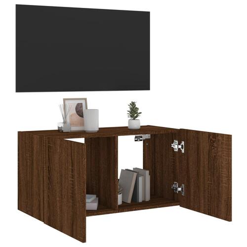 Væghængt tv-bord med LED-lys 80x35x41 cm brun egetræsfarve