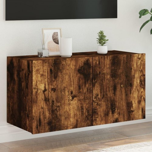 Væghængt tv-bord med LED-lys 80 x 35 x 41 cm - røget egetræ