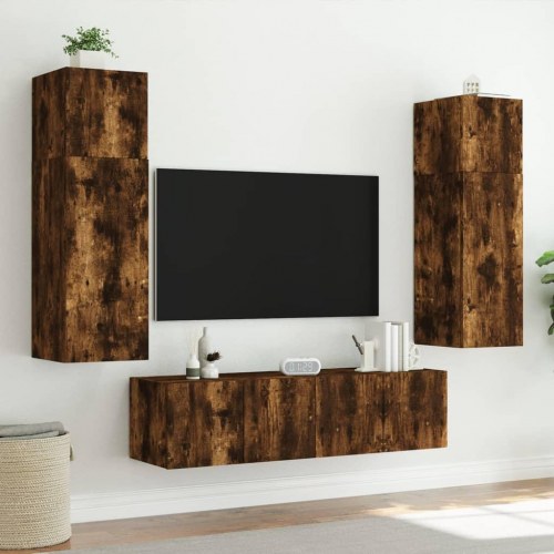 Væghængt tv-bord med LED-lys 80 x 35 x 41 cm - røget egetræ