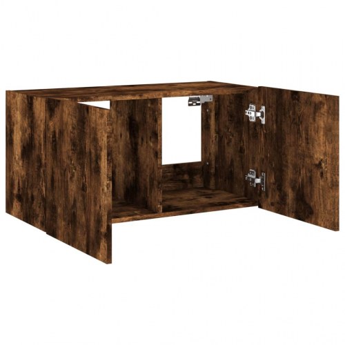 Væghængt tv-bord med LED-lys 80 x 35 x 41 cm - røget egetræ