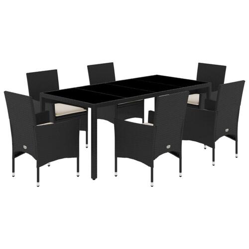 Spisebordssæt til haven 7dele m. hynder polyrattan og glas sort