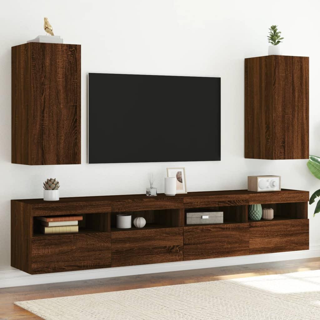 Væghængte tv-borde 2 stk. med LED-lys 30,5x35x70 cm brunt eg