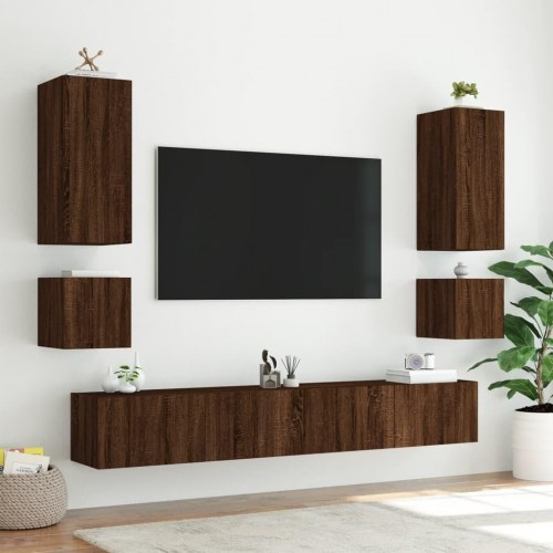 Væghængt tv-bord med LED-lys - brun egetræsfarve, 40,5 x 35 x 40 cm