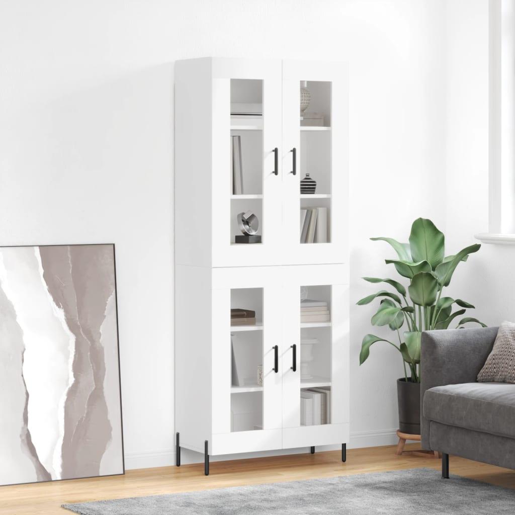 Højskab/skænk 69,5×34×180 cm i hvidt konstrueret træ med glaslåger
