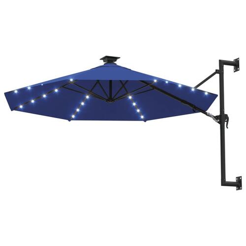 Væghængt parasol med LED og metalstang 300 cm blå
