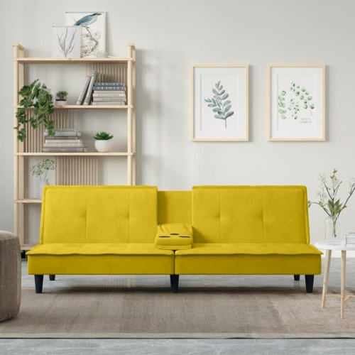 Sovesofa i velour med kopholdere - gul