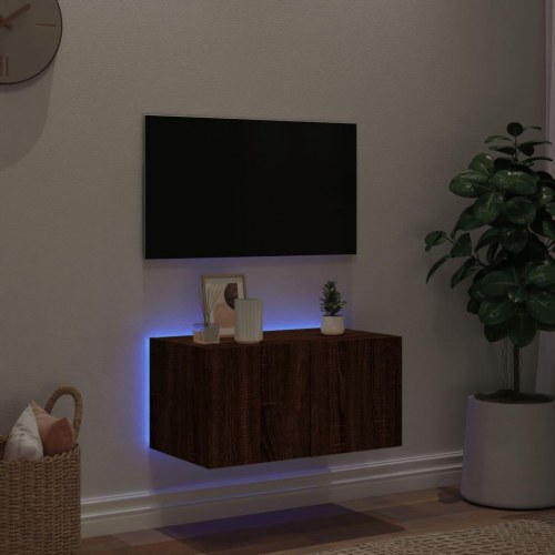 Væghængt tv-bord med LED-lys 60x35x31 cm brun egetræsfarve