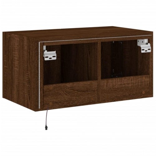 Væghængt tv-bord med LED-lys 60x35x31 cm brun egetræsfarve