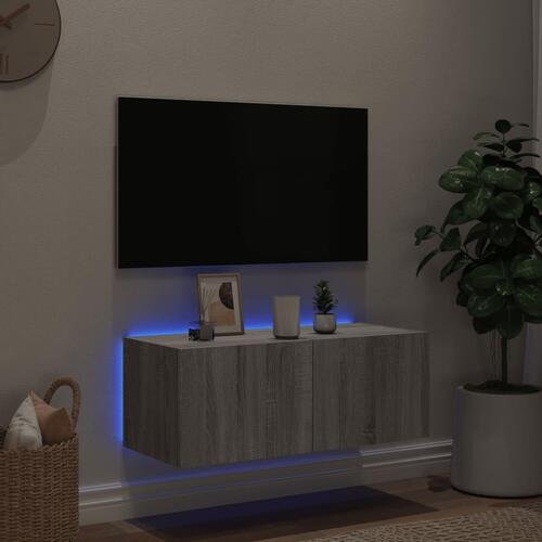 Væghængt tv-bord m. LED-lys 80x35x31 cm grå sonoma-eg