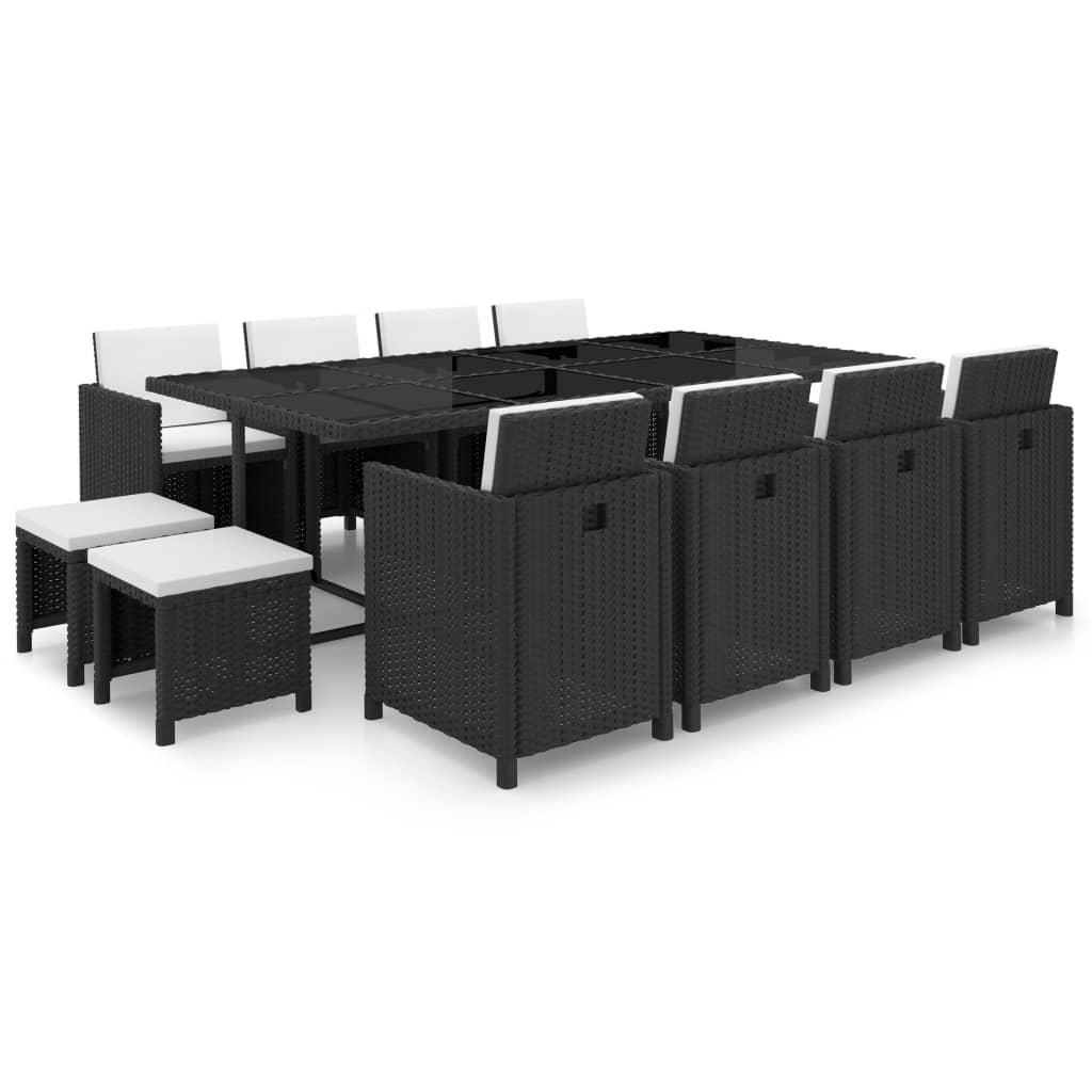Udendørs spisebordssæt 13 dele med hynder polyrattan sort billede