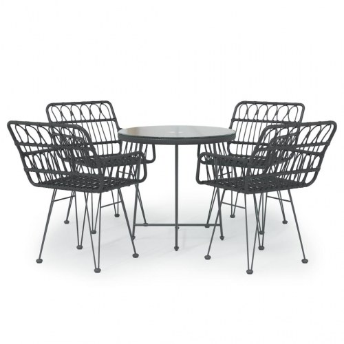 Spisebordssæt til haven - 5 dele i sort polyrattan med glasbord