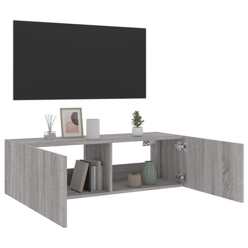 Væghængt tv-bord m. LED-lys 100x35x31 cm grå sonoma-eg