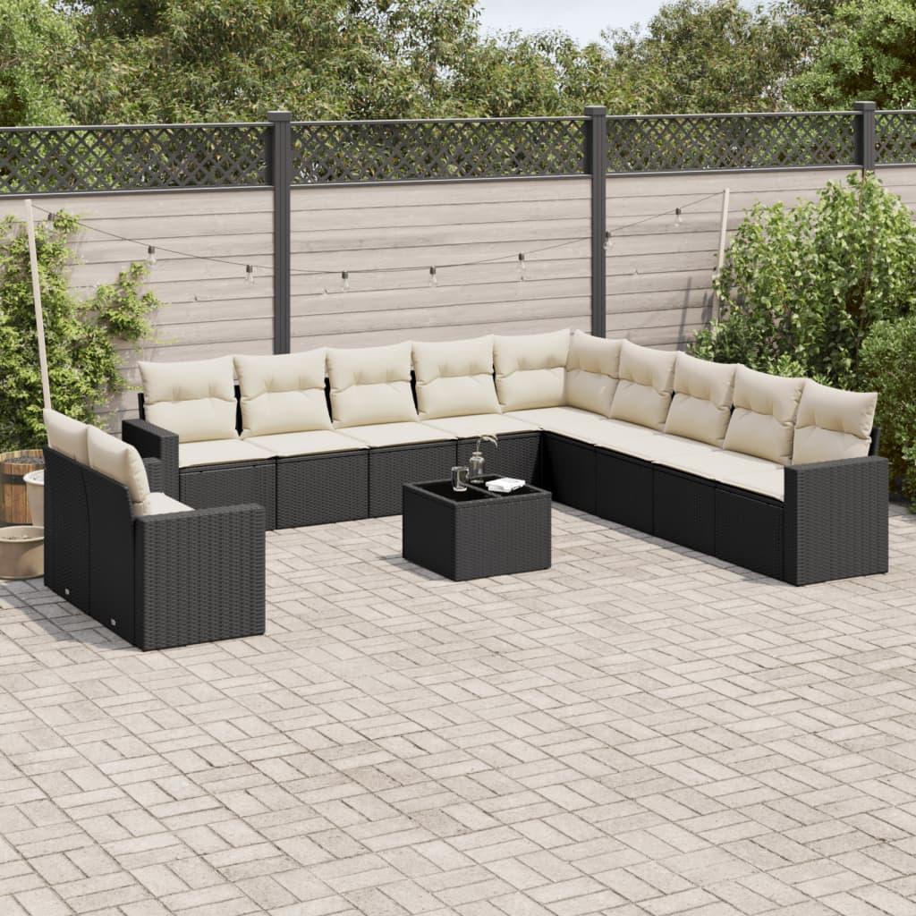 Sofasæt Til Haven 12 Dele Med Hynder Polyrattan Beige - Sort og cremefarvet / Med bord
