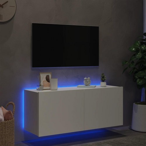 Væghængt tv-bord med LED-lys - hvid, 100 x 35 x 41 cm