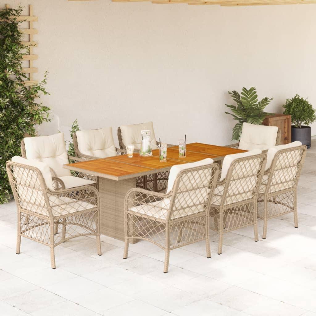 vidaXL spisebordssæt til haven 9 dele med hynder polyrattan beige
