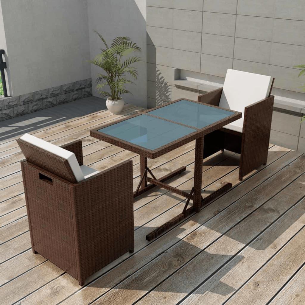 Bistrosæt 3 dele med hynder i polyrattan - brun