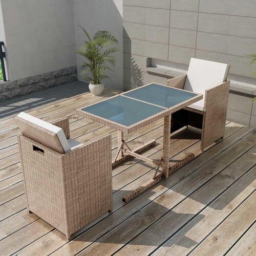 Bistrosæt 3 dele med hynder polyrattan beige
