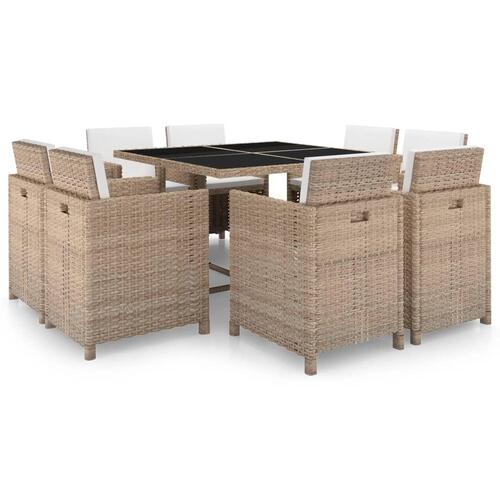 Udendørs spisebordssæt 9 dele med hynder polyrattan beige